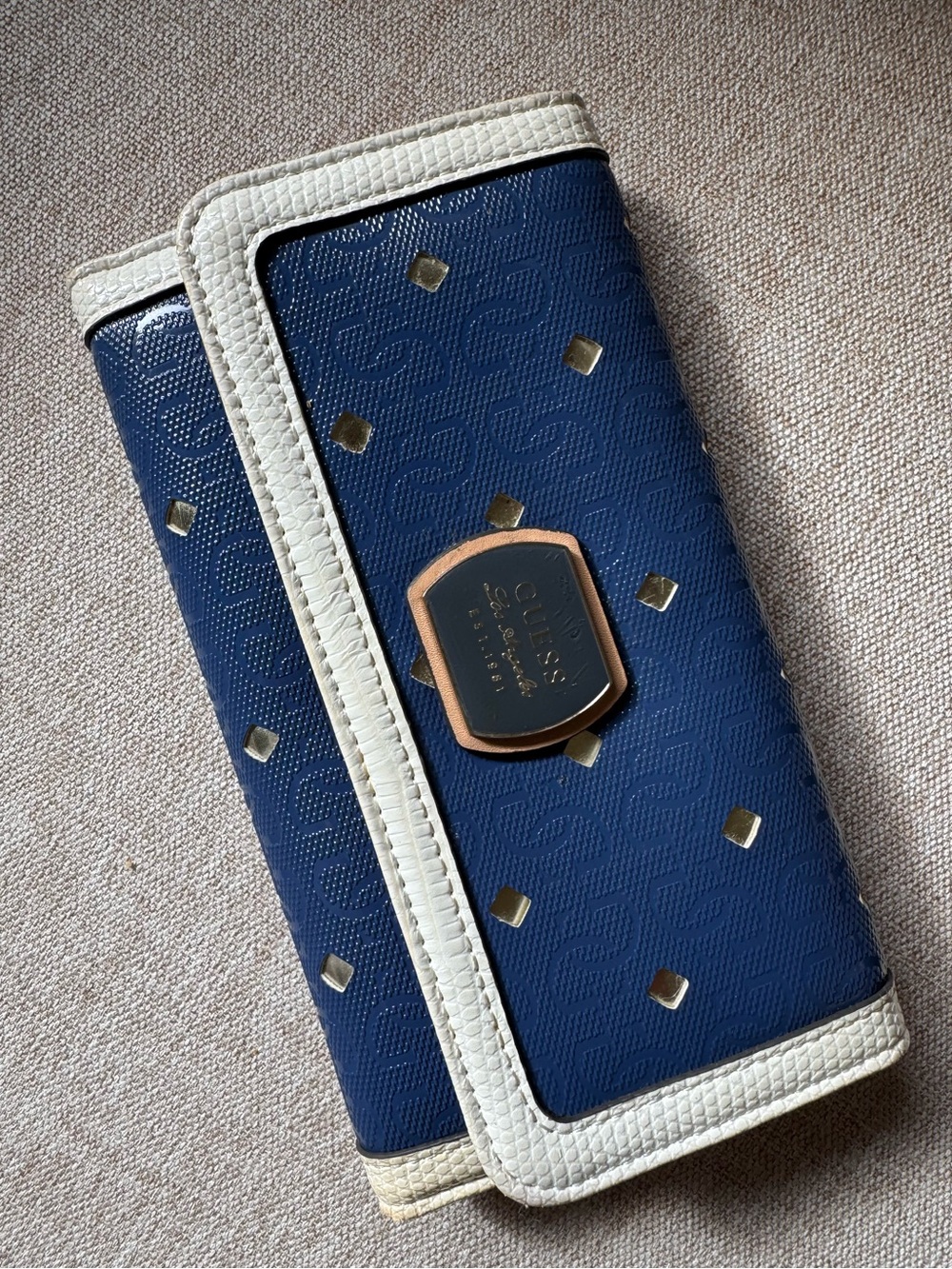 GUESS Hula Girl Slim Clutch Wallet in Navy with White Trim and Diamond Accents